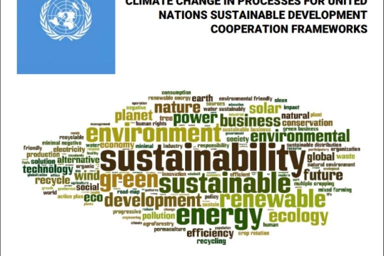Cover page of a UN guidance document titled "On Integrating the Environment and Climate Change in Processes for United Nations Sustainable Development Cooperation Frameworks," with a green word cloud.