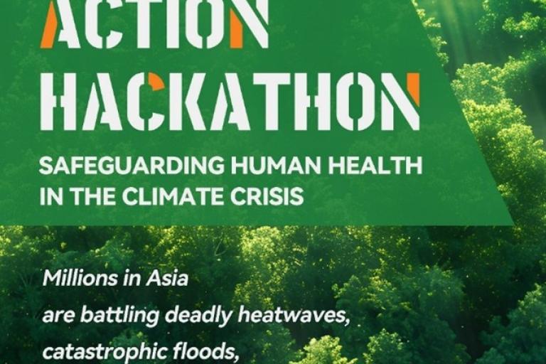 Text on image promoting an "Action Hackathon" about safeguarding human health in the climate crisis, set over a forest background with details about climate impacts in Asia.