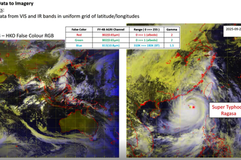 Satellite images show a false color RGB view, with Super Typhoon Ragasa visible over the ocean and surrounding cloud formations highlighted by color bands.