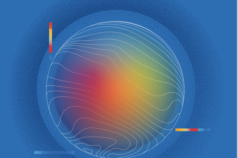 A digital illustration of a sphere with white contour lines and a gradient of red, yellow, green, and blue, set against a blue background with circular patterns and color bars.