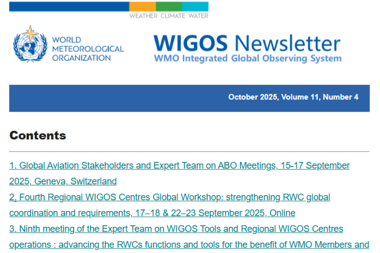 WIGOS Newsletter cover page showing table of contents with links to articles and events, published by the World Meteorological Organization for October 2025, Volume 11, Number 4.