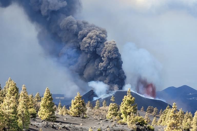A volcano erupts, emitting thick black smoke and ash into the sky, with some trees visible in the foreground on a rocky landscape.