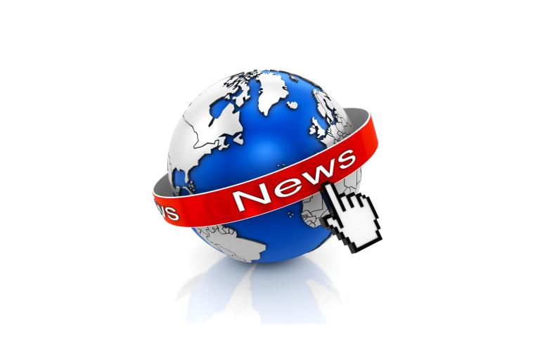 A computer mouse cursor clicks on a red "News" banner wrapped around a globe, symbolizing global online news access.