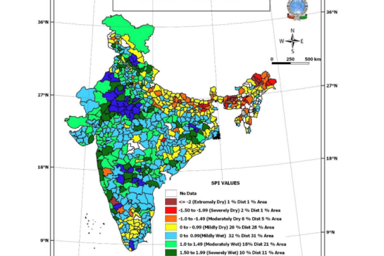 Map of India showing the Standardized Precipitation Index for January–December 2025, with regions marked from extremely dry (red) to extremely wet (blue) based on SPI values.