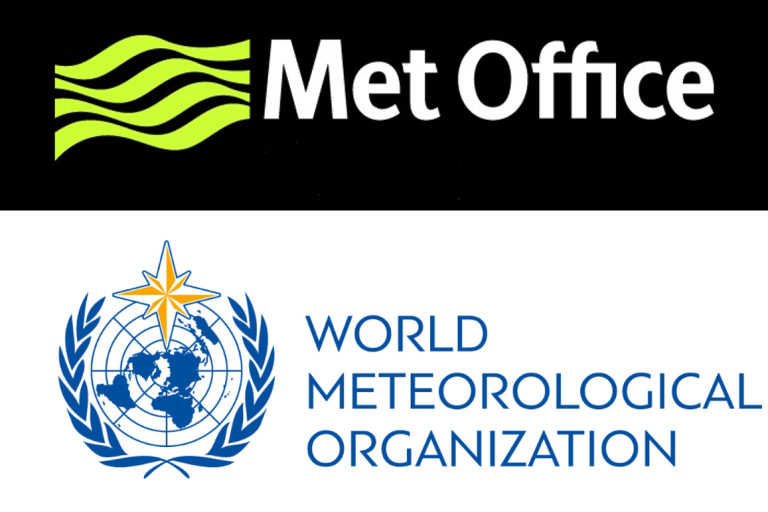Logos of the Met Office and the World Meteorological Organization, with their names displayed beside and below their respective emblems.