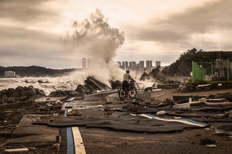 A person with a bicycle stands on a damaged coastal road, watching large waves crash onto rocks; debris and high-rise buildings are visible in the background.