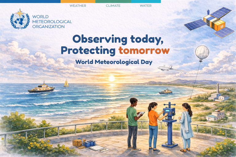 Three people use meteorological instruments on a coastal balcony at sunset, with boats, a weather balloon, satellite, and observatory visible; World Meteorological Organization branding present.