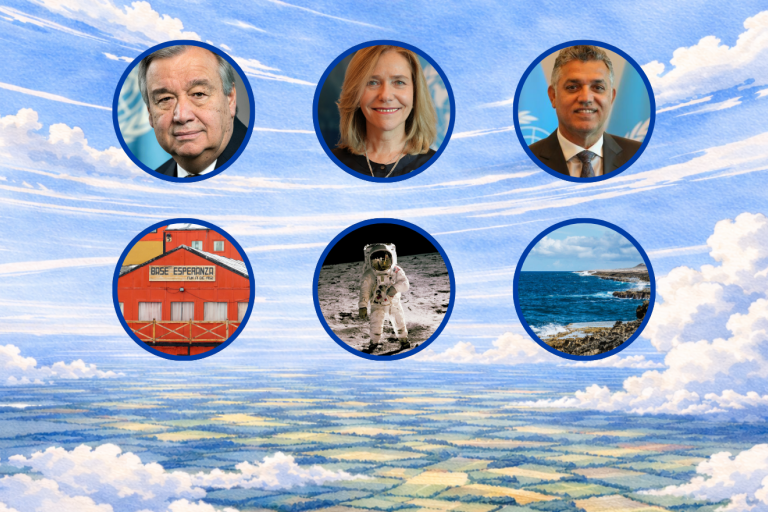 A grid of five circles shows three headshots, a red building labeled "BASE ESPERANZA," an astronaut on the moon, and a rocky coastline, all over a sky and cloud background.