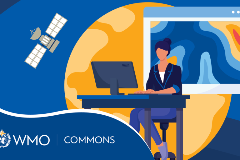 Illustration of a person at a desk using a computer, with a satellite, a weather map, and the WMO Commons logo in the background.