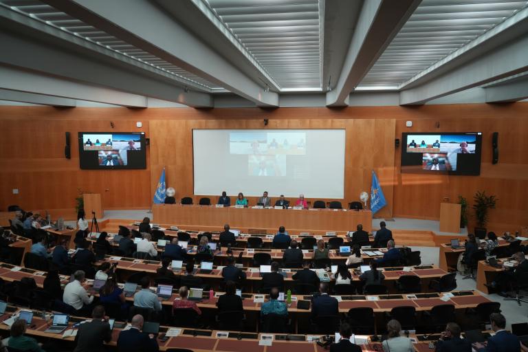 A conference room with attendees seated at desks facing a panel of speakers and a large screen, with United Nations flags displayed on both sides of the stage.