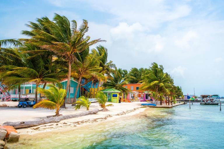Colorful seaside houses and palm trees line a sandy beach next to clear turquoise water under a partly cloudy sky.