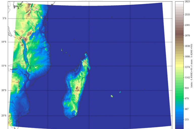 Topographic map showing elevation levels around Madagascar and eastern Africa, with color gradients indicating altitude from -17 to 2823 meters above sea level.