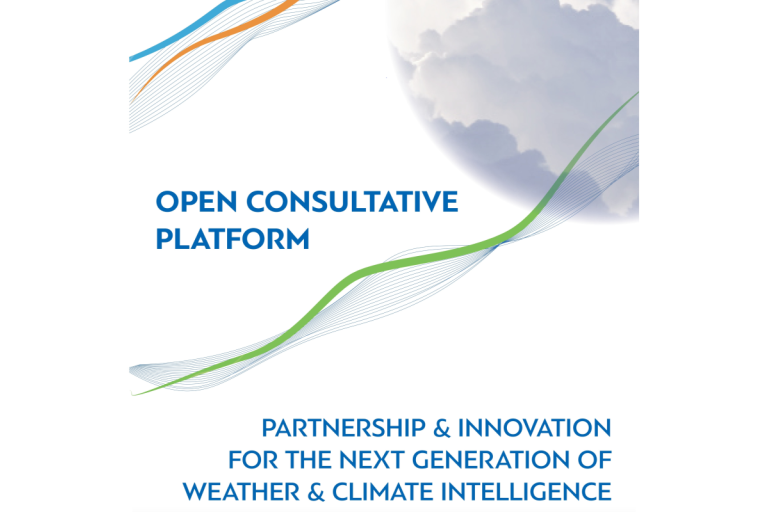 A poster with abstract wave graphics, a partial view of the earth, and text about an open consultative platform for weather and climate intelligence partnership and innovation.