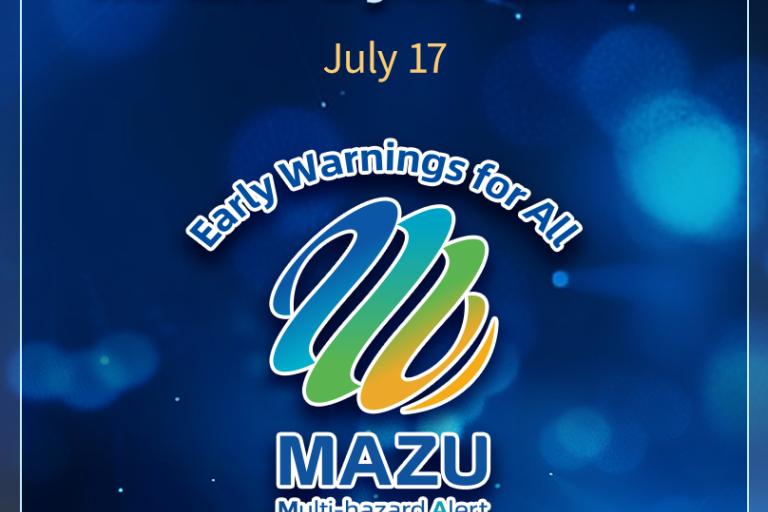 Poster for the 2026 WAIC Meteorological Forum announcing "Delivery of MAZU-Djibouti 2.0" on July 17 in Shanghai, China, with the MAZU Early Warnings for All logo.