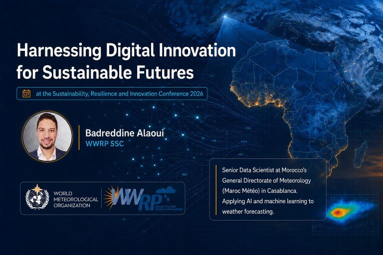 Digital innovation conference promo featuring Badreddine Alaoui, with map graphics, World Meteorological Organization and WWRP logos, and a summary of his work in meteorological AI and machine learning.