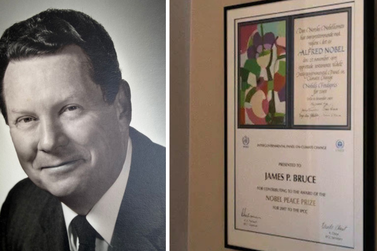 A black-and-white portrait of former WMO Deputy Secretary-General James Bruce ; on the right, a framed certificate for a Nobel Peace Prize is displayed on a wall.