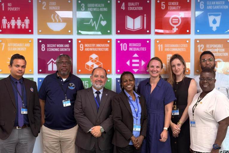 Eight people stand smiling in front of a colorful wall displaying icons and goals related to the United Nations Sustainable Development Goals.