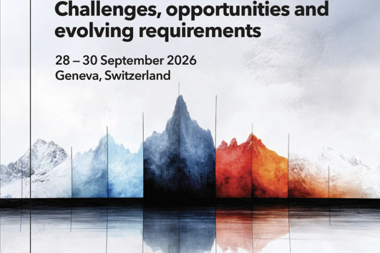 Event poster for a conference on meteorological spectrum use, with mountain imagery and event details: 28-30 September 2026, Geneva, Switzerland, hosted by ITU and WMO.