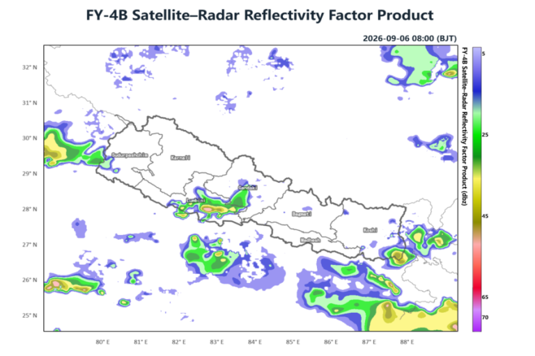 Map of Nepal showing radar reflectivity data from the FY-4B satellite on 2026-09-06, with colored regions indicating varying precipitation intensities.