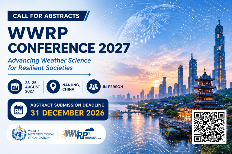 WWRP Conference 2027 announcement; event in Nanjing, China, August 23–25, 2027. Abstract deadline: December 31, 2026. City skyline and traditional pagoda shown.