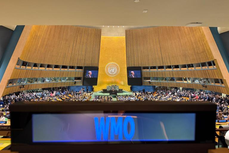 The United Nations General Assembly hall viewed from a desk labeled WMO, with a speaker visible on large screens above the podium.