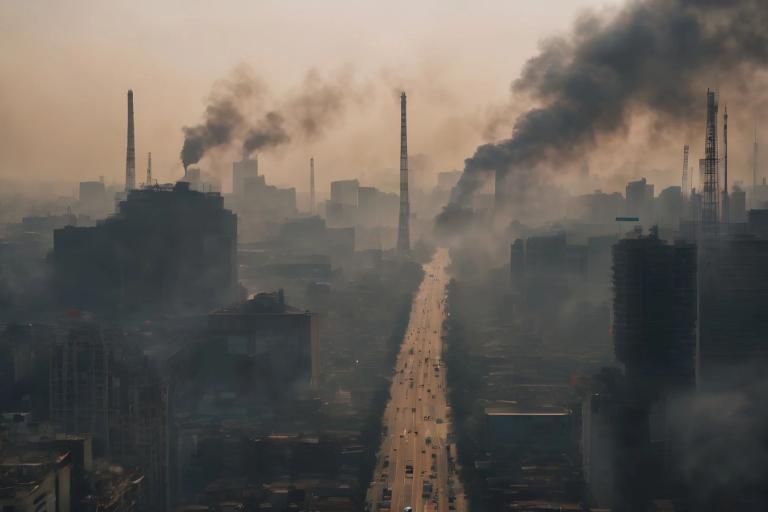 A city skyline shrouded in thick smog with industrial chimneys emitting large plumes of smoke over a busy road.