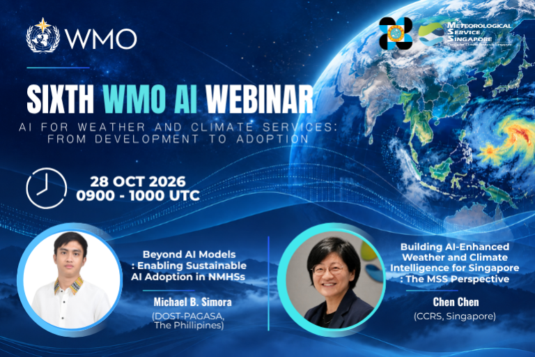 Announcement for the Sixth WMO AI Webinar on 28 October, 2026, featuring speakers Michael B. Simora and Chen Chen.