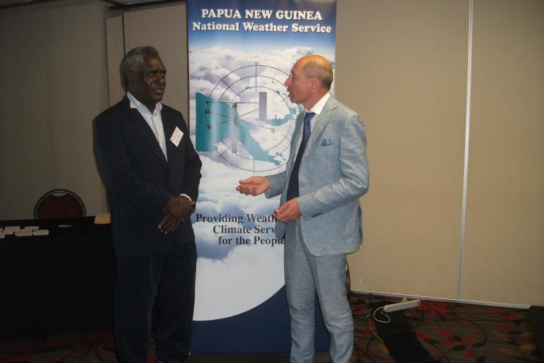 Mr Samuel Maiha, Director of PNG National Weather Service, and Professor Yuriy Kuleshov, science lead of CREWS-PNG from the Australian Bureau of Meteorology are discussing CREWS-PNG implementation strategy