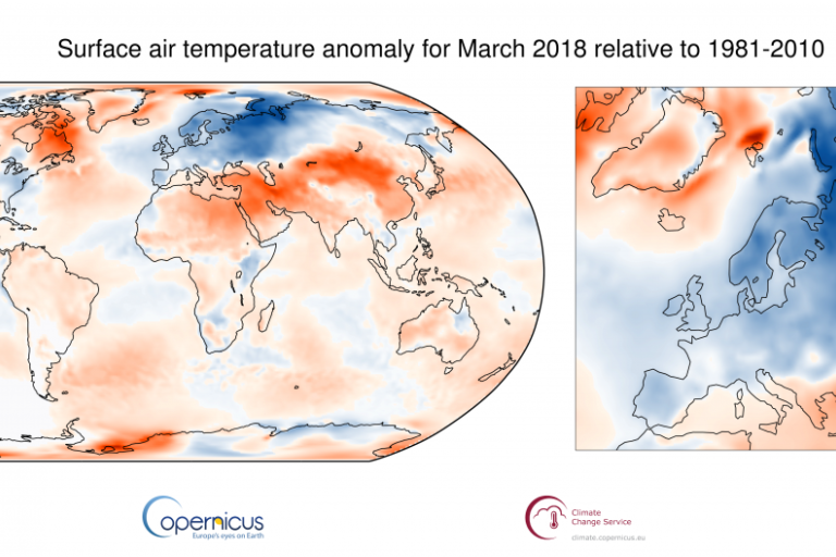 Surface air temperature anomaly for March 2018