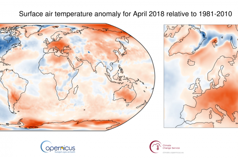 Surface air temperature anomaly for April 2018