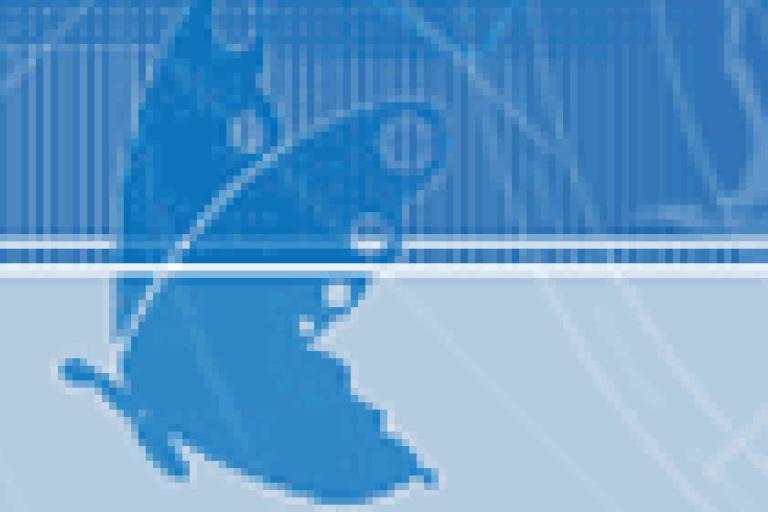 A blue, pixelated butterfly silhouette overlaps a background of abstract lines and shapes in varying shades of blue.