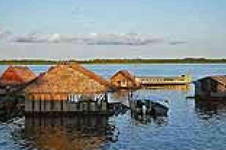 Thatched-roof huts and structures on stilts stand over a body of water, with a distant shoreline and blue sky in the background.