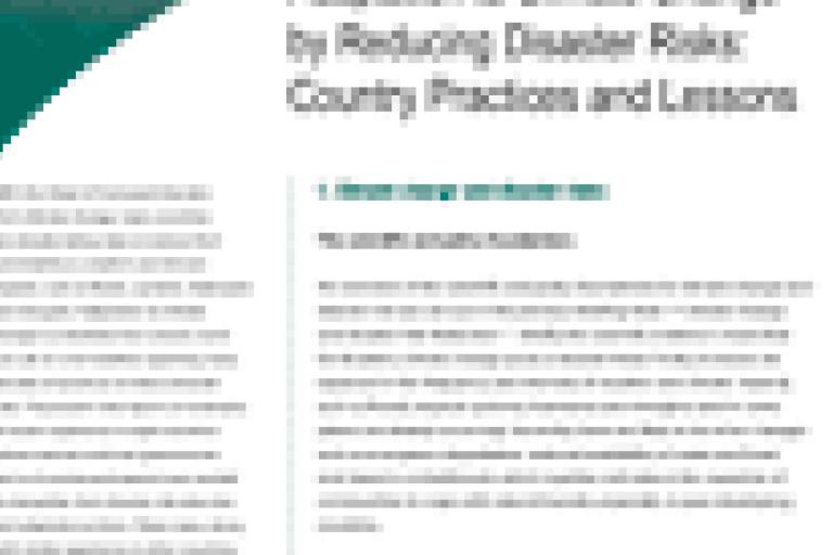 A blurred, partially visible page of a document with sections of heading and text in black, blue, and green fonts on a white background.