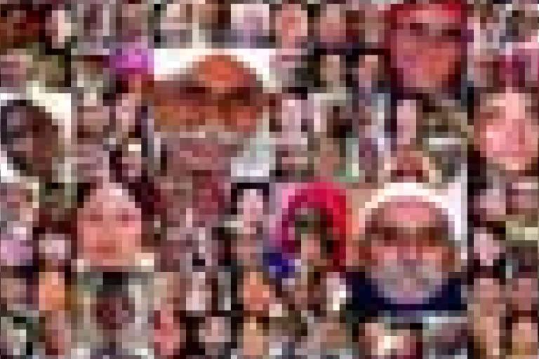 A collage of many pixelated human faces, showing a diverse group of people with various ages, genders, and backgrounds.