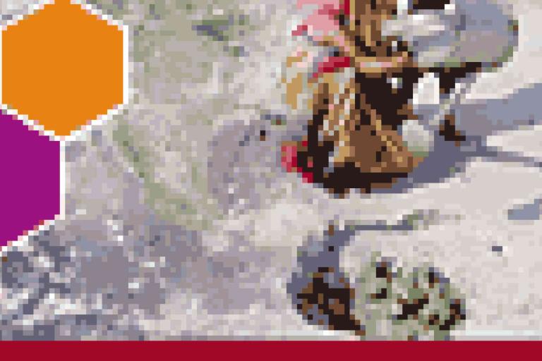 Pixelated image of a person digging in sandy ground with hexagonal color shapes on the left side and a red border at the bottom.