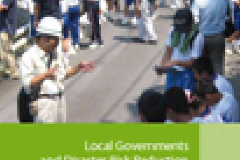 A group of people, some standing and some sitting on a road outdoors, next to a green banner titled "Local Governments and Disaster Risk Reduction.