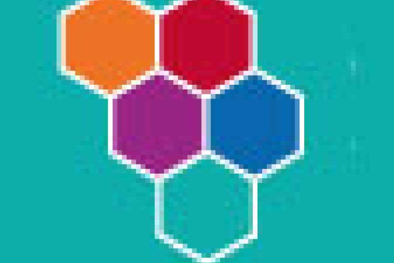 Six hexagons in orange, red, purple, blue, and white are arranged in a clustered pattern against a teal background.