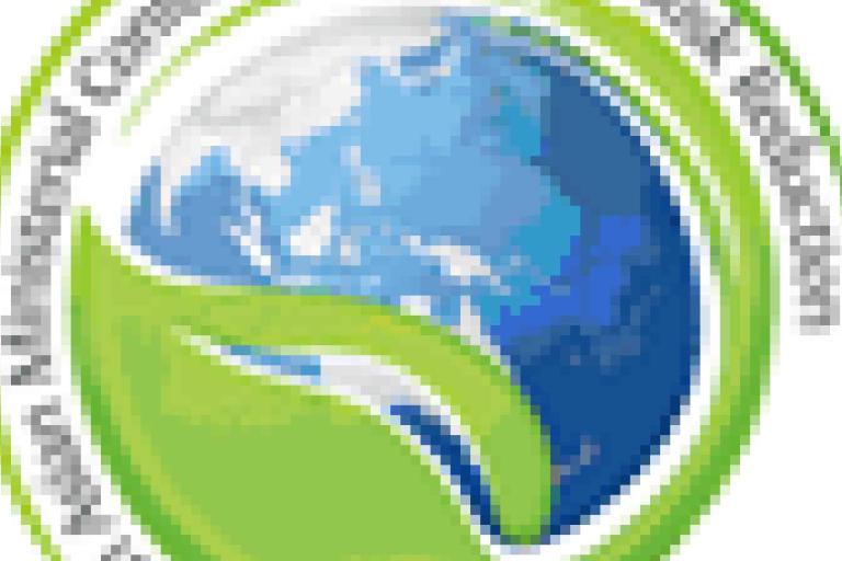 A logo featuring a blue and white globe with a green leaf shape circling it, surrounded by text in a circular arrangement.