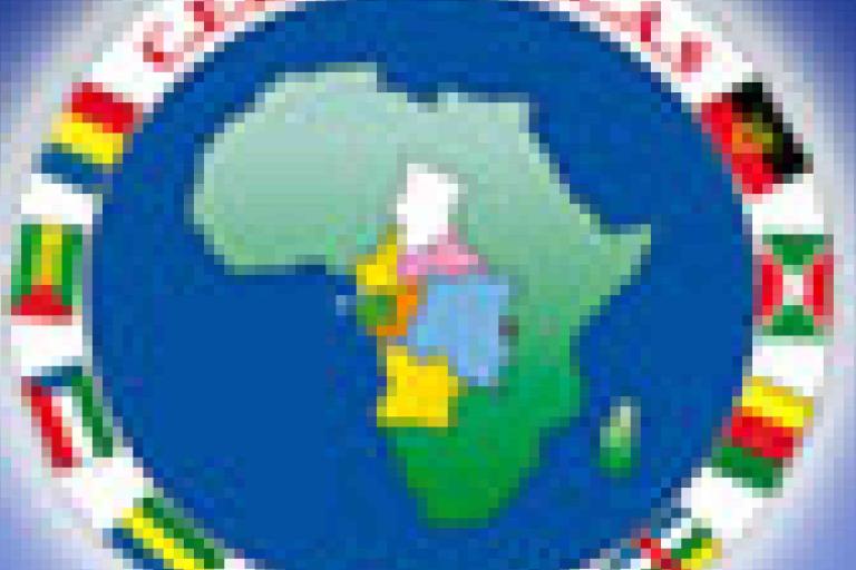 A map of Africa surrounded by various African national flags arranged in a circular pattern.