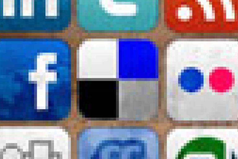 A grid of various social media app icons, including LinkedIn, Facebook, Flickr, and RSS, set against a brown background.
