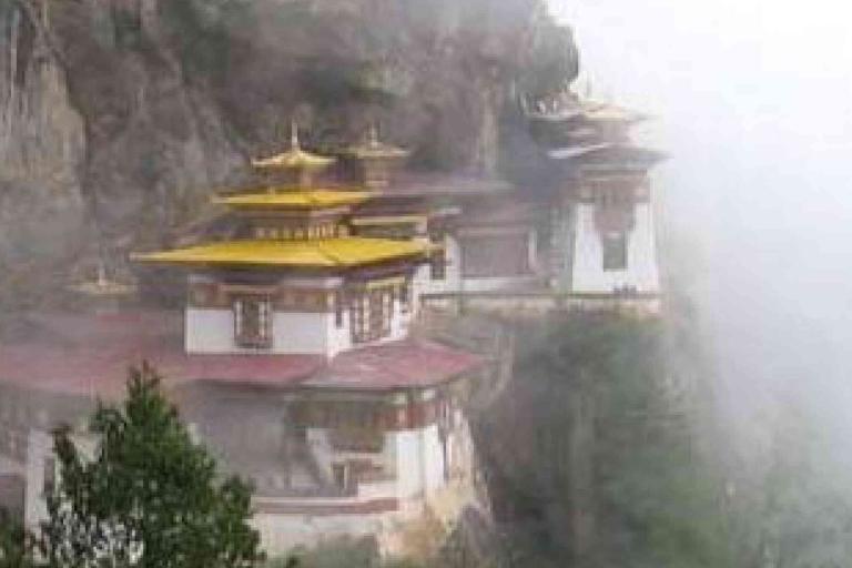 A monastery with golden roofs is perched on a foggy mountainside, partially obscured by mist, with rocky cliffs and greenery visible.