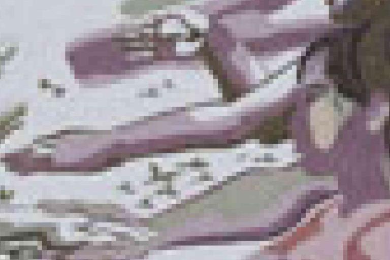 A pixelated image showing a person with an arm outstretched, set against a light background with indistinct shapes.