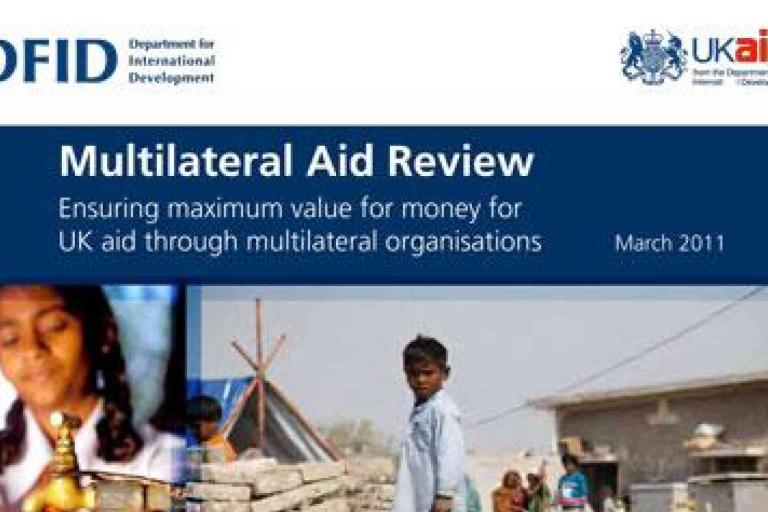A DFID and UKaid report cover titled "Multilateral Aid Review," dated March 2011, featuring images of a girl and a boy in a rural setting.