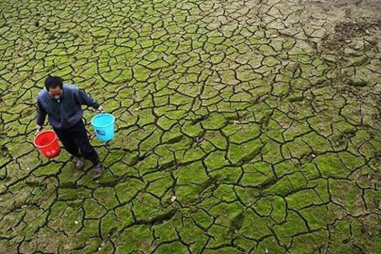 A person carrying two buckets walks across a cracked, dry, and moss-covered landscape, suggesting drought conditions.