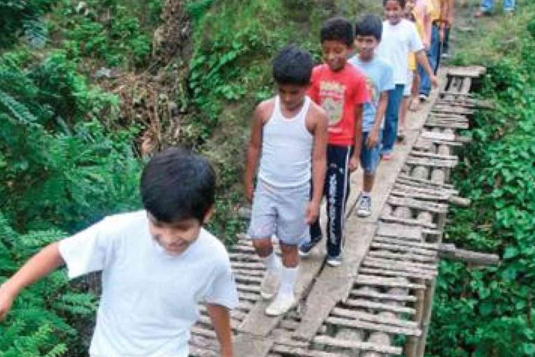 A group of children walk in a single file line across a narrow, makeshift wooden bridge over a green ravine.