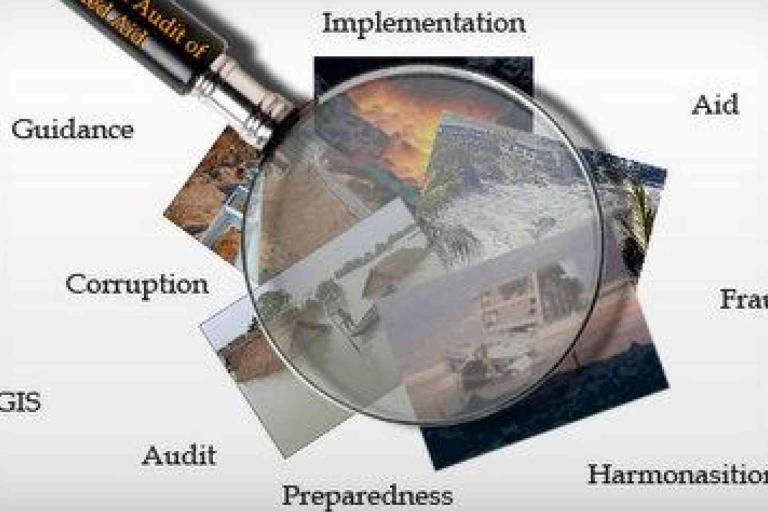 A magnifying glass hovers over overlapping disaster-related photos, surrounded by words like Implementation, Guidance, Corruption, Audit, Preparedness, Fraud, Aid, GIS, and Harmonisation.