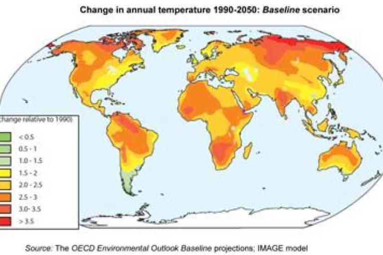 World map showing projected annual temperature increase from 1990 to 2050, with most regions warming by 1–3.5°C, especially in the Northern Hemisphere.