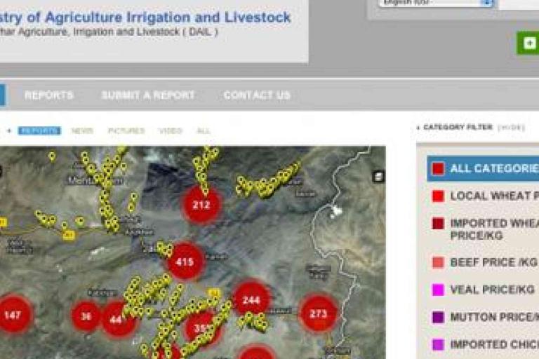 A web dashboard displays a map with red and yellow data points, category filters, and a legend for various types of meat and produce prices.