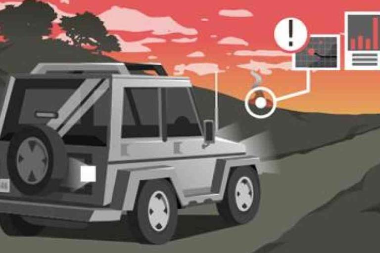 A gray SUV drives on a rural road at sunset, with dashboard-style graphics displaying alerts, a map, and data charts hovering nearby.