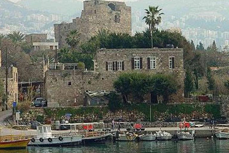 Several small boats are docked along a waterfront in front of stone buildings and historic ruins, with palm trees and a cityscape visible in the background.
